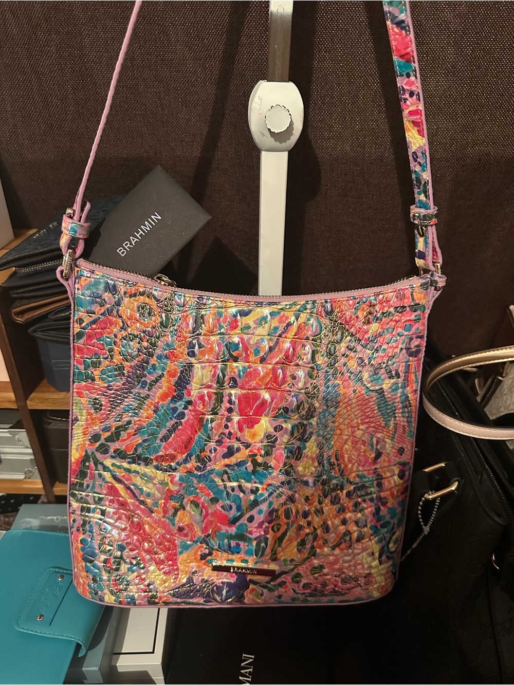 Brahmin Multicolor Croc-Embossed Crossbody Bag with Pink Strap